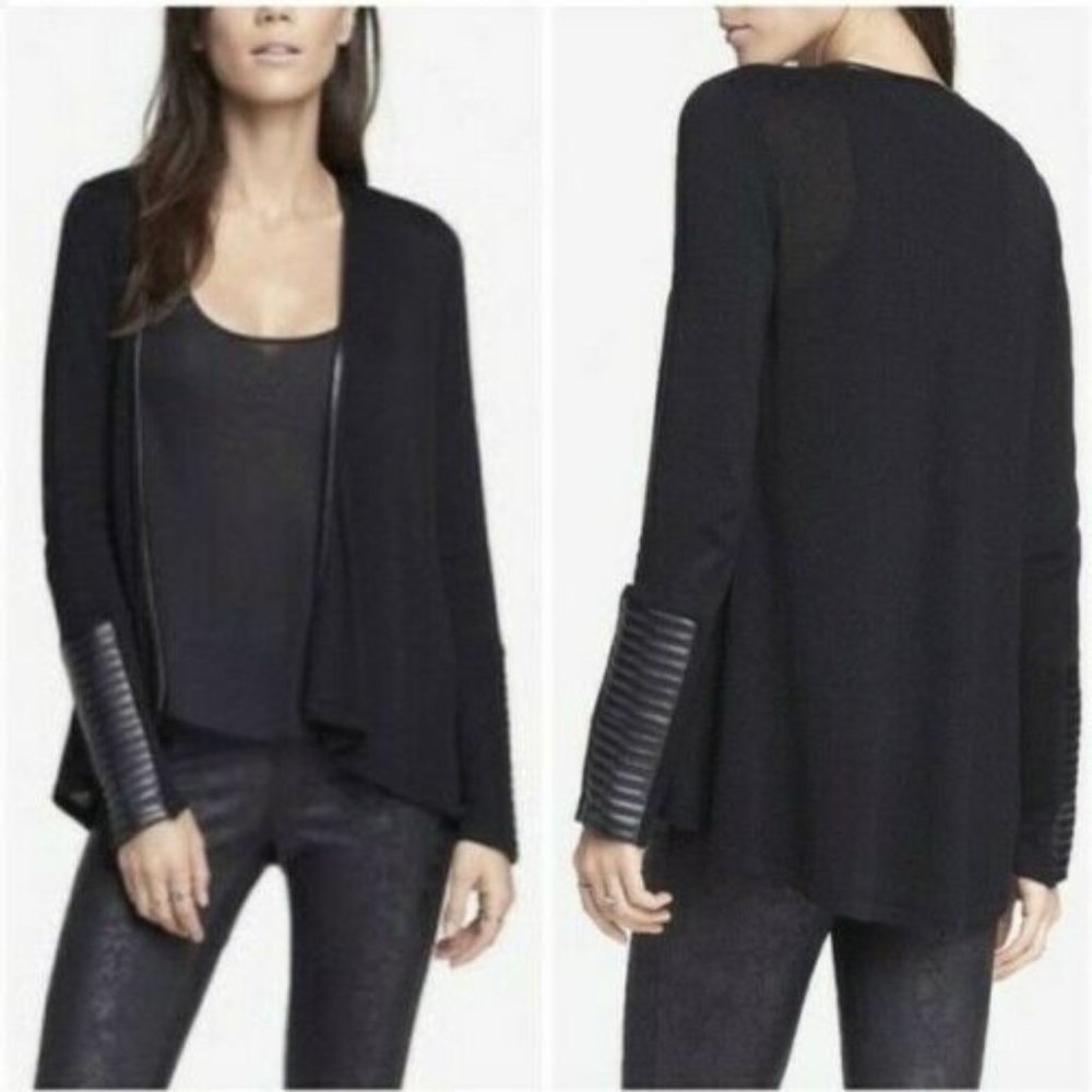 Express Gray Leather Trim Open Front Cardigan